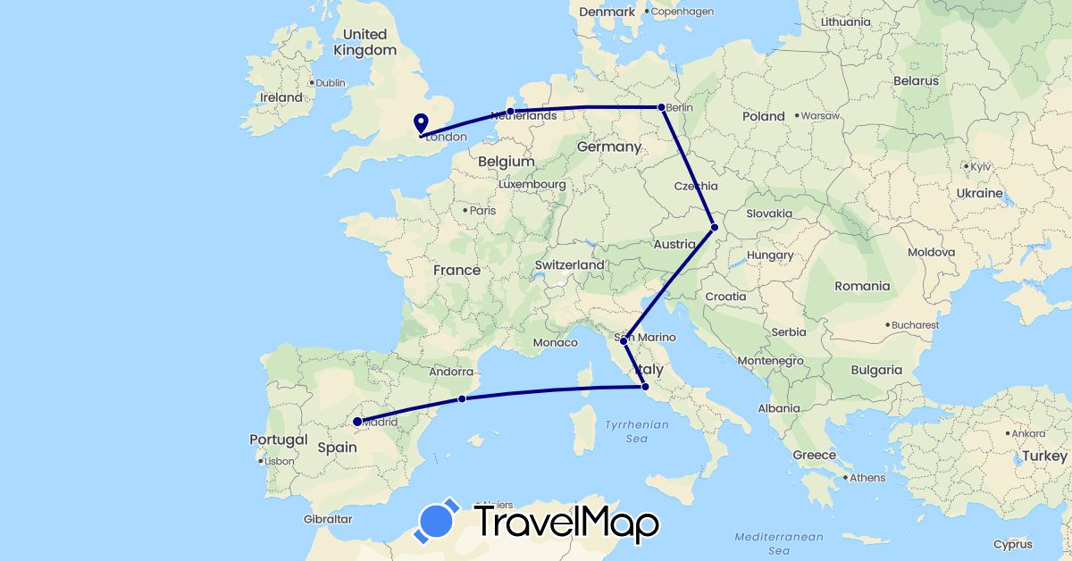 TravelMap itinerary: driving in Austria, Germany, Spain, United Kingdom, Italy, Netherlands (Europe)